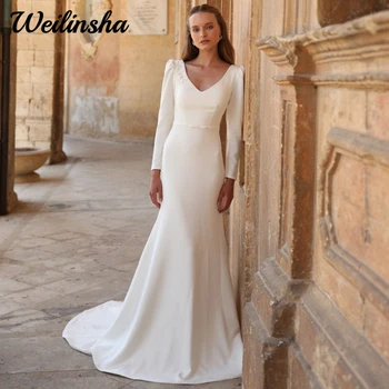 Минималистичное свадебное платье Русалки для женщины, простые свадебные платья из джерси с V-образным вырезом и молнией сзади со шлейфом Vestido De Novia 2023