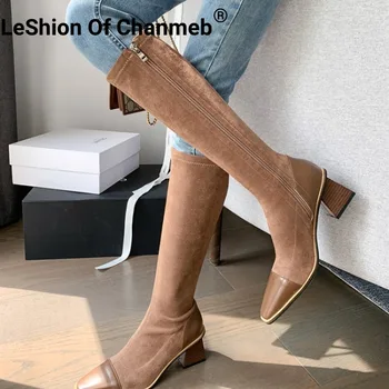 LeShion Of Chanmeb / Женские сапоги до колена из натуральной кожи на массивном высоком каблуке, стрейчевые сапоги в стиле пэчворк на молнии, женская обувь с квадратным носком