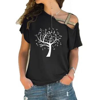 Женская футболка, свободная футболка с вырезом лодочкой, футболка Lovely music tree, летняя повседневная футболка с косой повязкой, топы, футболка