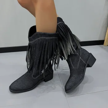 2023 Новая женская обувь, ковбойские сапоги с острым носком, зимние сапоги в стиле Вестерн на квадратном каблуке до середины икры, женская обувь с бахромой в стиле пастушки