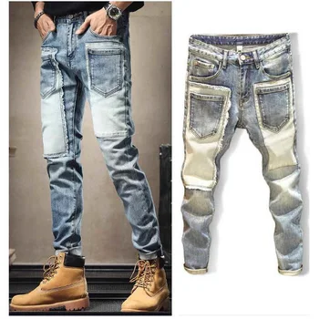 Мужские джинсы, Уличная одежда, Джинсы с дырками, Накладной Передний карман, Облегающие джинсовые брюки