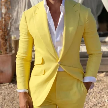 Мужской костюм желтого цвета из 2 предметов, однотонный, строгий, деловой, повседневный для свадьбы, вечеринки Жениха, банкетного платья, комплект куртки с брюками