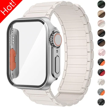 Силиконовый Ремешок + Магнитный чехол для Apple Watch Band 45 мм 44 мм 40 мм 41 мм Браслет для iWatch Серии 9 8 7 6 5 4 SE Upgrade Ultra 2