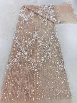 Кружевная ткань с пайетками в нигерийском стиле 2023, высококачественная африканская тюлевая ткань с вышивкой бисером Для шитья свадебного платья, сетчатое кружево 5 ярдов