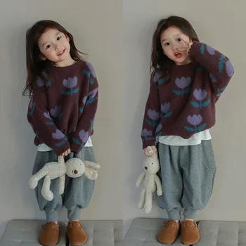 Детская одежда, Свитер для девочек 2023, Осень и Зима, Новый Корейский стиль, пуловер с цветком тюльпана, свитер, Модный стильный топ
