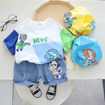 2023 Корейский летний комплект топа и низа для мальчика, футболка с динозавром-астронавтом, джинсовые шорты, комплект одежды для мальчика