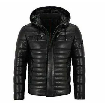 Мужская куртка из натуральной 100% мягкой кожи с капюшоном, черная полностью стеганая куртка, модный тренд в Европе и Америке.