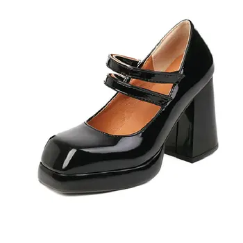 Размер 33-48, Однотонная лакированная кожа, белый, черный, застежка на крючок и петлю, туфли-лодочки на платформе, каблуки для офисной карьеры, женская обувь на каблуках Мэри Джейнс