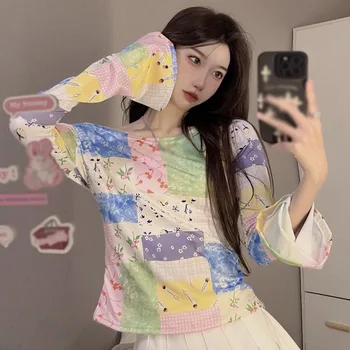 Модная футболка Kawaii для женщин с цветным блоком вырез лодочкой Футболки с длинным рукавом Топ с расклешенными рукавами Корейский дизайнер Эстетическая одежда