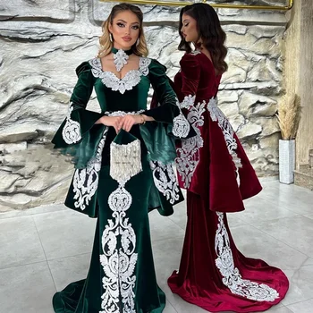 Уникальное вечернее платье из Саудовской Аравии, роскошное арабское платье из Дубая, велюр с длинными рукавами, русалка, Марокканский кафтан, съемный шлейф, аппликации, платье для выпускного вечера