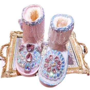 Ослепительные бриллиантовые зимние теплые сапоги из флиса с блестками, классические женские ботинки до середины икры ручной работы 35-40
