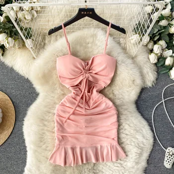 Сексуальное Открытое кружевное платье с бюстгальтером и завязками для девочек, сладкие розовые облегающие платья на бретелях, женское шикарное короткое сетчатое платье