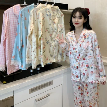 Роскошный шелковый пижамный комплект для женщин 2023, весенняя пижама с длинным рукавом, Тонкая Милая Корейская домашняя одежда, Летний пижамный костюм