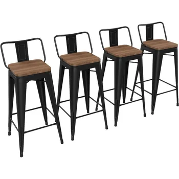 30-дюймовые барные стулья Набор металлических барных стульев высотой 4 перекладины с деревянным сиденьем с низкой спинкой Кухонные барные стулья потертого мятного цвета