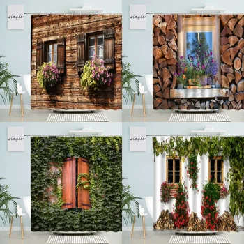 Вид из окна Европейского города Занавеска для душа Зеленые Растения Цветы Виноградные лозы Старинный Деревянный дом Настенная Дверь Ванная комната С крючком Экран