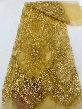 Роскошная Золотая Кружевная ткань с Африканскими Блестками и бисером 2023 года, Высококачественная Свадебная вышивка Жениха в Нигерийском стиле, Французское Шитье