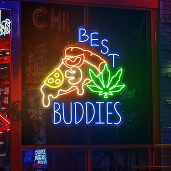 Неоновые вывески Best Buddies Sign Pizza и Cannabis, пицца ручной работы на заказ, добро пожаловать, неоновый свет, декор кухни ресторана, светодиодная подсветка