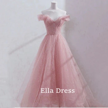 Розовое вечернее платье Ella A-Line с открытыми плечами, ретро-сверкающие пайетки, тюлевое платье с оборками для свадебного бального платья