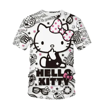 Новая футболка с 3D-принтом Hello Kitty, трендовая свободная футболка оверсайз для влюбленных с коротким рукавом, повседневная милая одежда