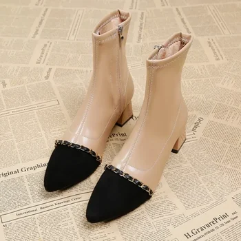 Ботильоны для женщин 2023 Модные женские ботинки с острым носком, новый дизайн с цепочкой, Высокие каблуки, простая женская обувь для работы в офисе