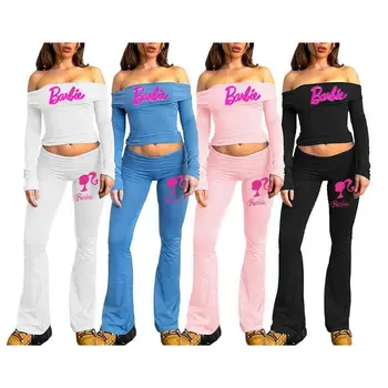Комплект из 2 предметов Barbie Fashion Women С длинным рукавом, Мультяшный Розовый топ Hot Girls, Повседневный брючный костюм, аниме Y2K, Женская приталенная одежда для йоги