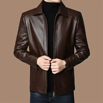 Мужская куртка из искусственной кожи, мужская мотоциклетная куртка из искусственной кожи со стоячим воротником на молнии для защиты шеи, толстая теплая ветрозащитная