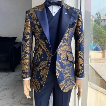Темно-синий свадебный мужской костюм из 3 предметов с золотой вышивкой, приталенный для свадебного банкета жениха, повседневный комплект смокинга, куртка + жилет + брюки