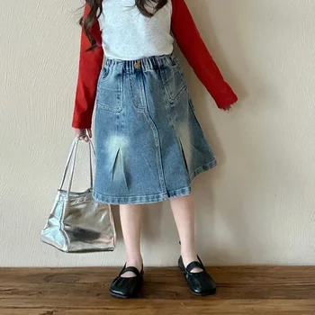 Весна 2024, новая детская одежда, модная джинсовая юбка для девочек, Корейская версия, модная и универсальная юбка средней длины.