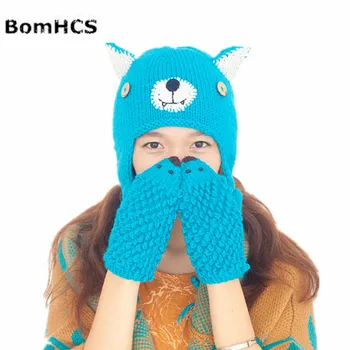 BomHCS Шапочка с милым медведем + Перчатки с ежиком Ручной вязки, зимняя толстая шапочка-бини, варежки, Забавный подарок