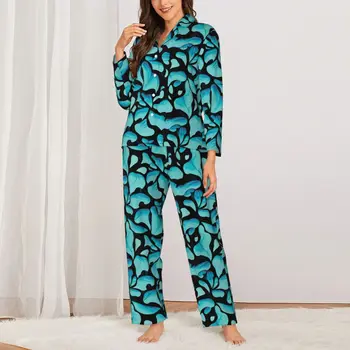 Пижамы с принтом Синих листьев, Осенние Абстрактные Листья, Винтажные Пижамные комплекты Оверсайз, Женская пижама с милым ночным дизайном с длинным рукавом