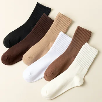 Новые теплые женские носки-трубочки из чистого хлопка На осень-зиму Ins В минималистичном стиле, однотонные чулки в полоску, универсальные повседневные носки