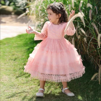 Кружевное лоскутное Многослойное платье принцессы из тюля с длинными рукавами для девочек, летние детские платья, одежда для детской вечеринки на День рождения от 1 до 2 лет