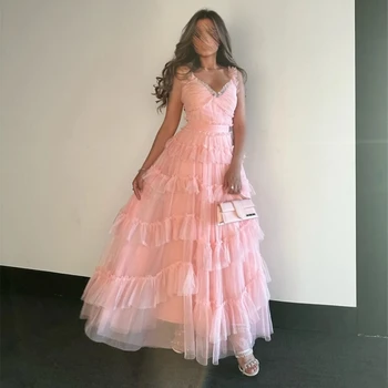 Розовые многоуровневые платья для выпускного вечера из тюля, вечерние платья на бретельках трапециевидной формы, платье для девочек длиной до пола 2024 года, платье-халат для девочек.