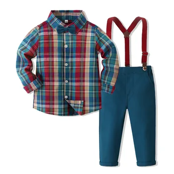 Комплект одежды для дня рождения, детская модная рубашка в клетку с длинным рукавом и синими брюками с бантом, праздничная одежда для мальчиков, Хлопковый оптовый комплект