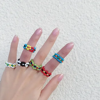 Todorova Многоцветные кольца ручной работы с мелким цветком для женщин, девочек, детей, Корейская мода, кольцо из рисовых бусин, кольца в стиле стрейч-плетения