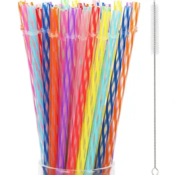 20 штук разноцветных спиральных полосок, твердая пластиковая соломинка из полипропилена, многоразовые соломинки для питья с чистящей щеткой для банки-стакана длиной 230 мм