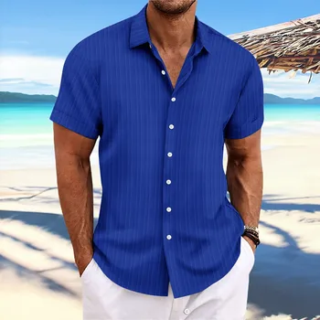 2023, взрывная мужская льняная рубашка Amazon Express в полоску из жаккарда, повседневная модная свободная рубашка с короткими рукавами.