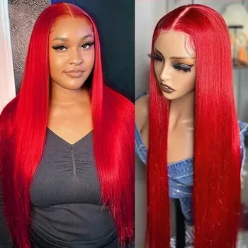 Ярко-красный прямой Бразильский парик из 100% человеческих волос 13x4 на кружеве, бесклеевые предварительно выщипанные парики на 26 дюймов спереди для женщин